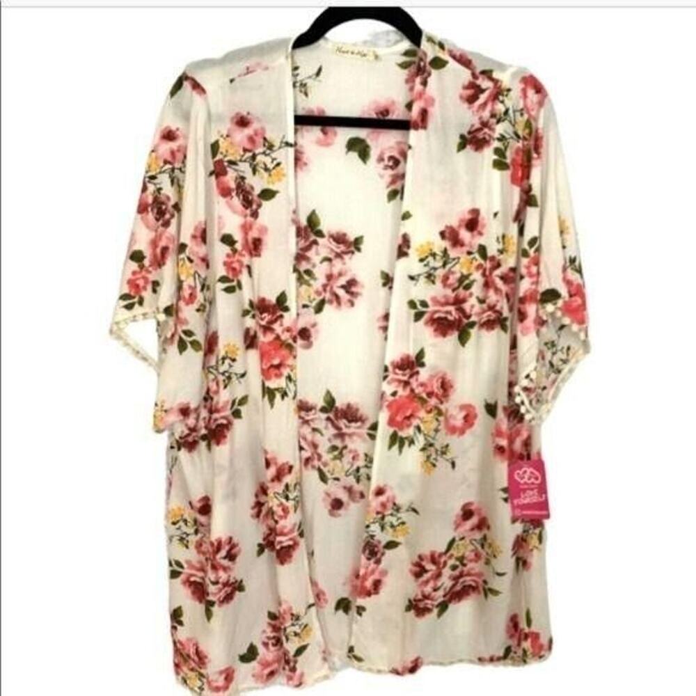 NWT Heart & Hips Lightweight Floral Kimono Womens M Open Front Cardigan Pink